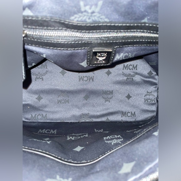 MCM SIGNATURE LEATHER DOMED TOP HANDLE SATCHEL HANDBAG PURSE DENIM BLUE BLACK - Picture 10 of 15